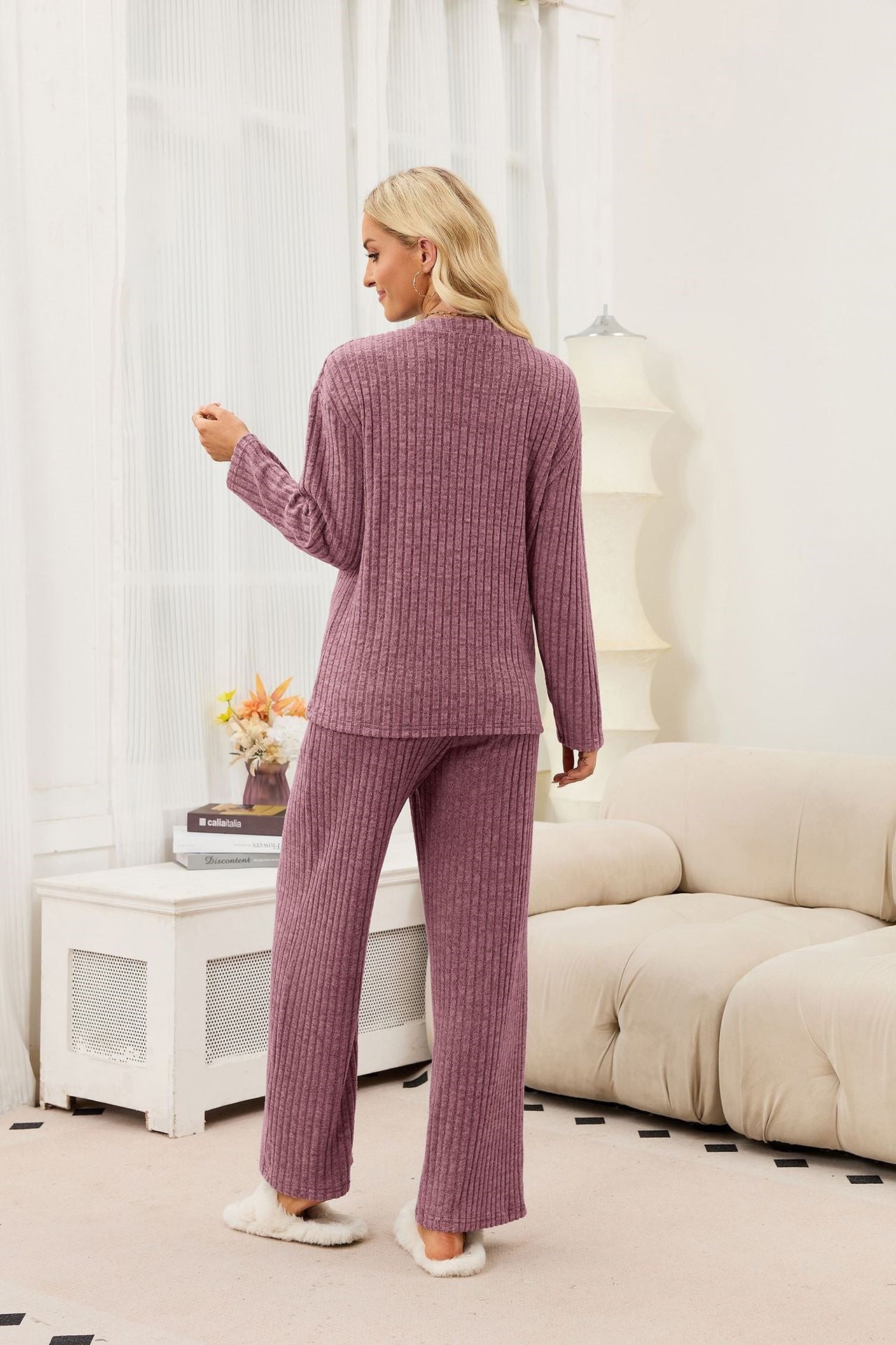Women's Ribbed Lounge Set Button Front Wide Leg Pants