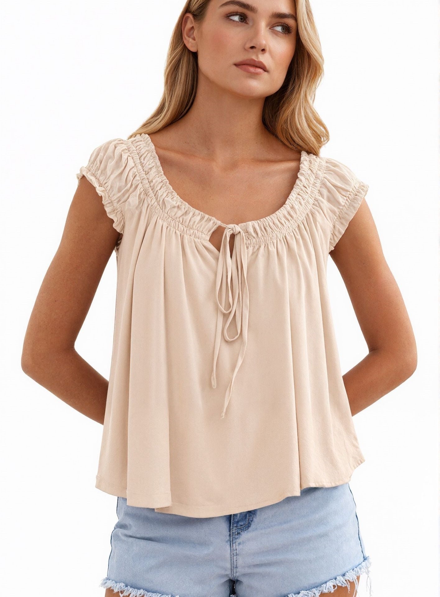 Solid Crinkle Blouse Casual Tie Neck Flutter Sleeve