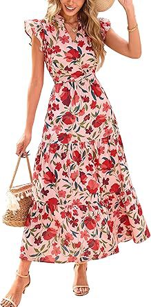 Floral V Neck Flutter Sleeve A Line Midi Dress
