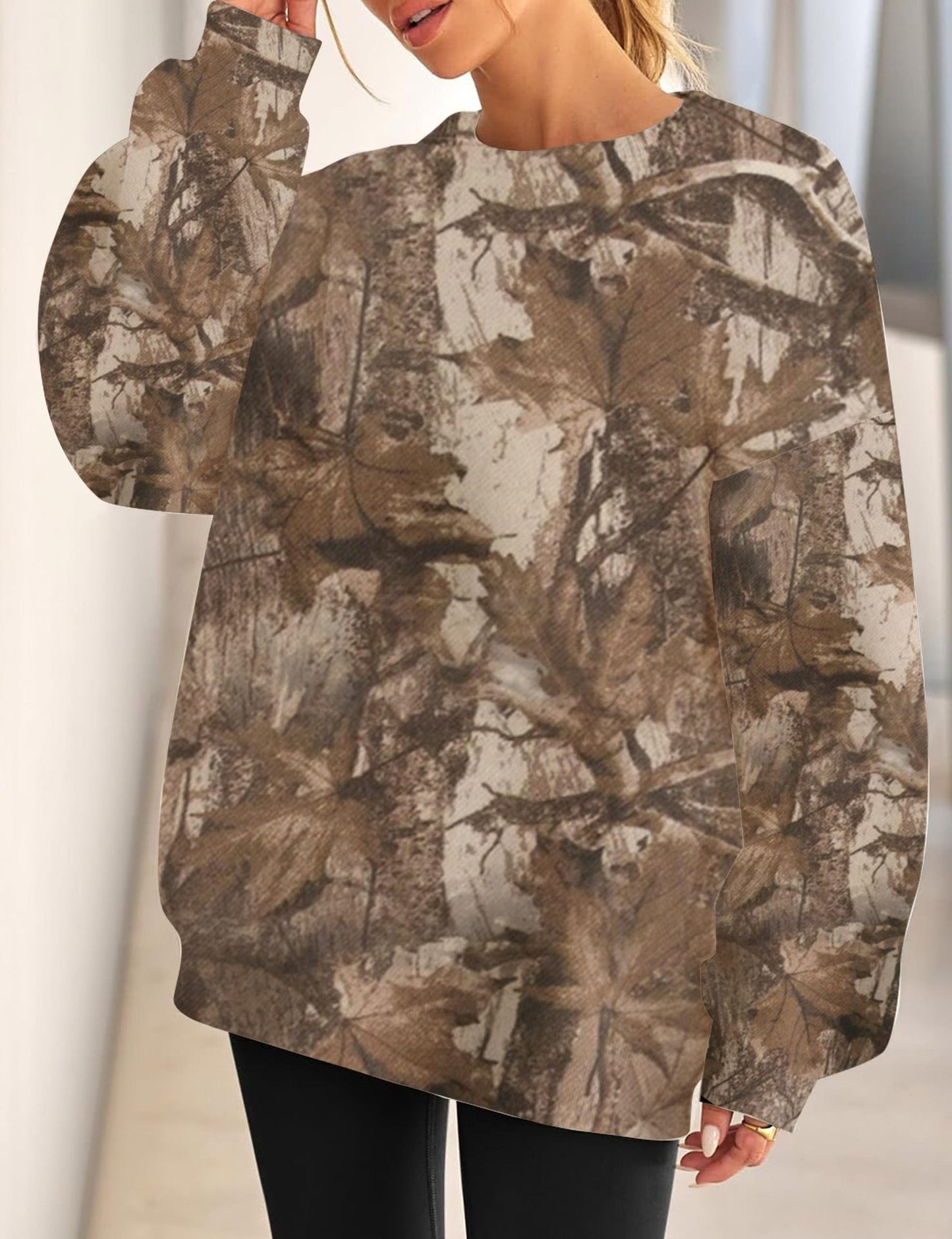 Camo Leaf Print Pullover Sweatshirt Women Oversized Casual Top
