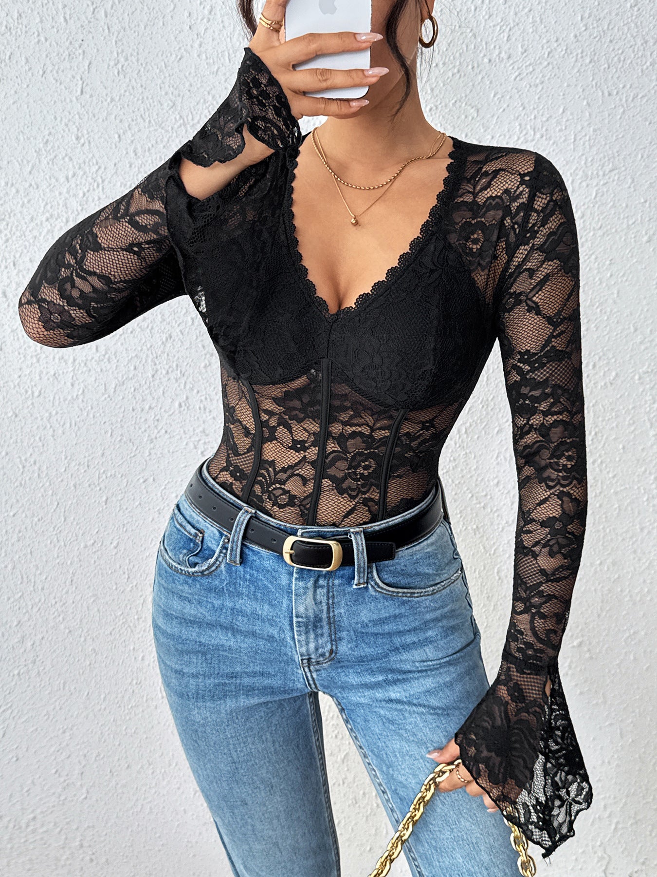 Lace Mesh Bodysuit Long Sleeve Corset Clubwear Top