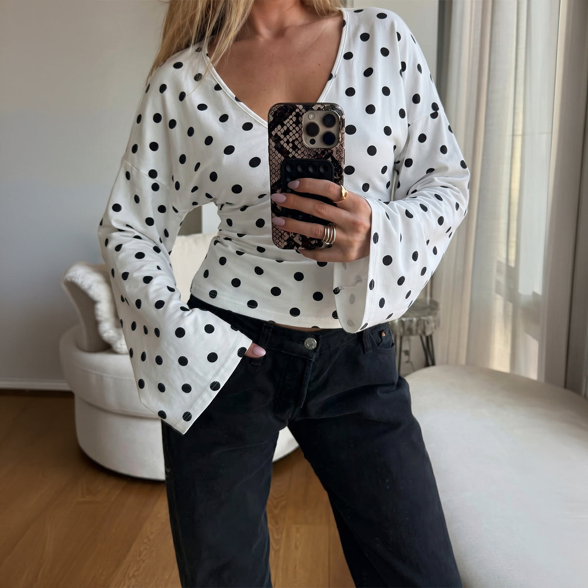 Women's Polka Dot Wrap V Neck Flare Sleeve Blouse
