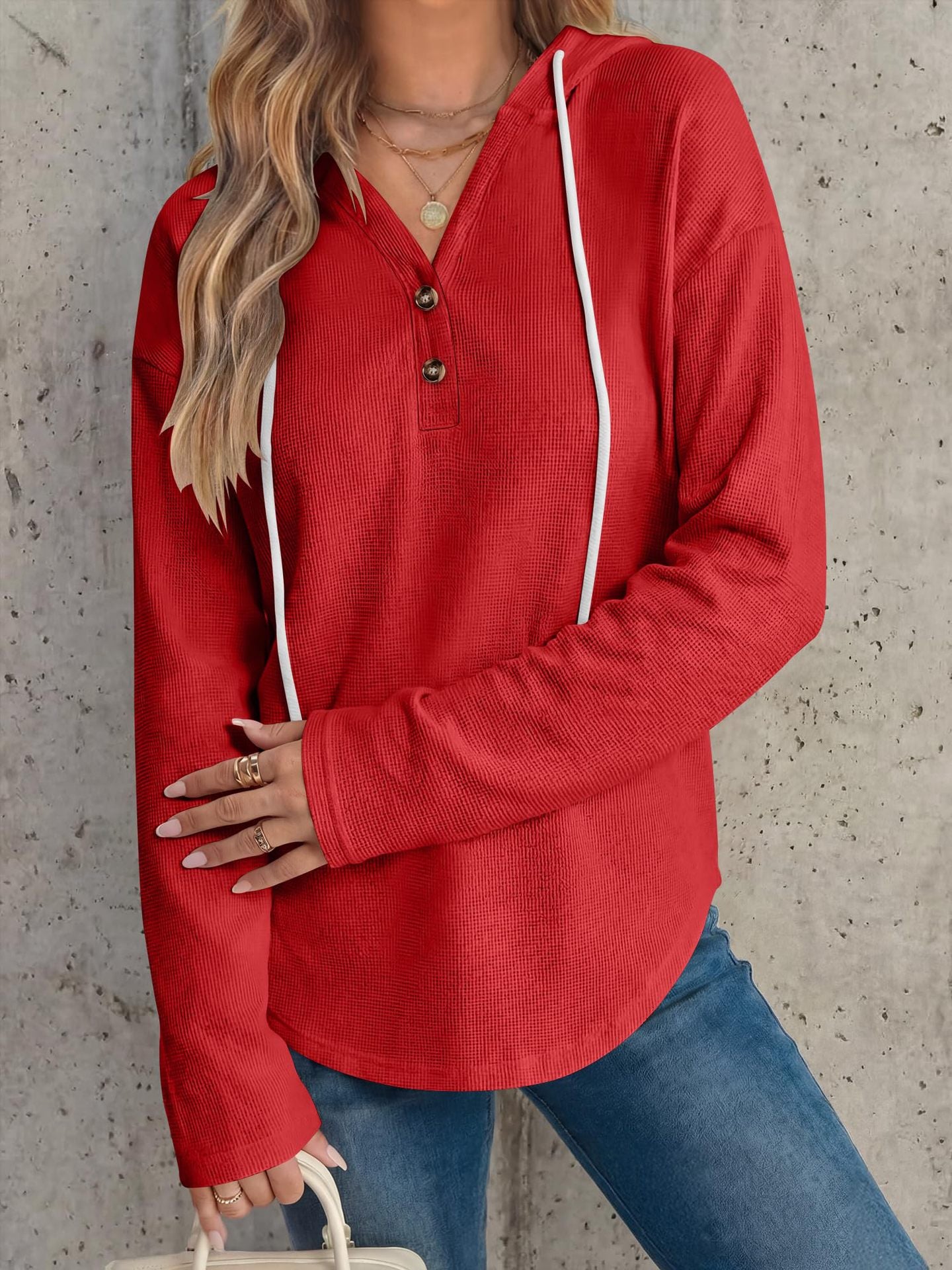 Solid Waffle Hoodie Pullover Casual Button Long Sleeve