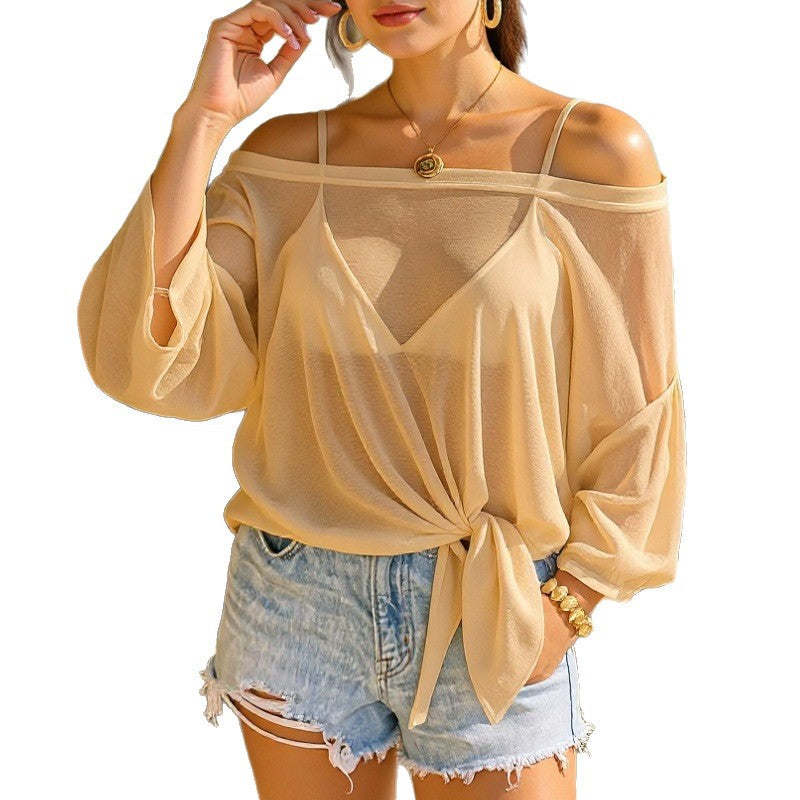 Women’s Solid Tie Front Off Shoulder Beach Cover Up