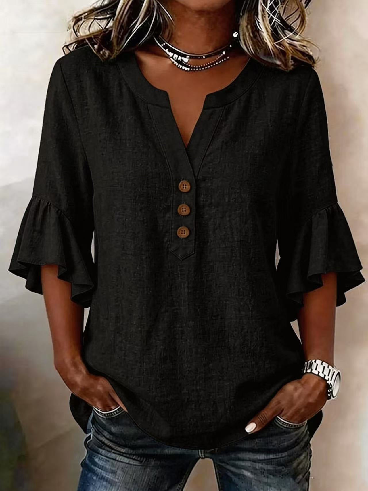 Cotton Linen Blouse Split Neck Three Quarter Bell Sleeves
