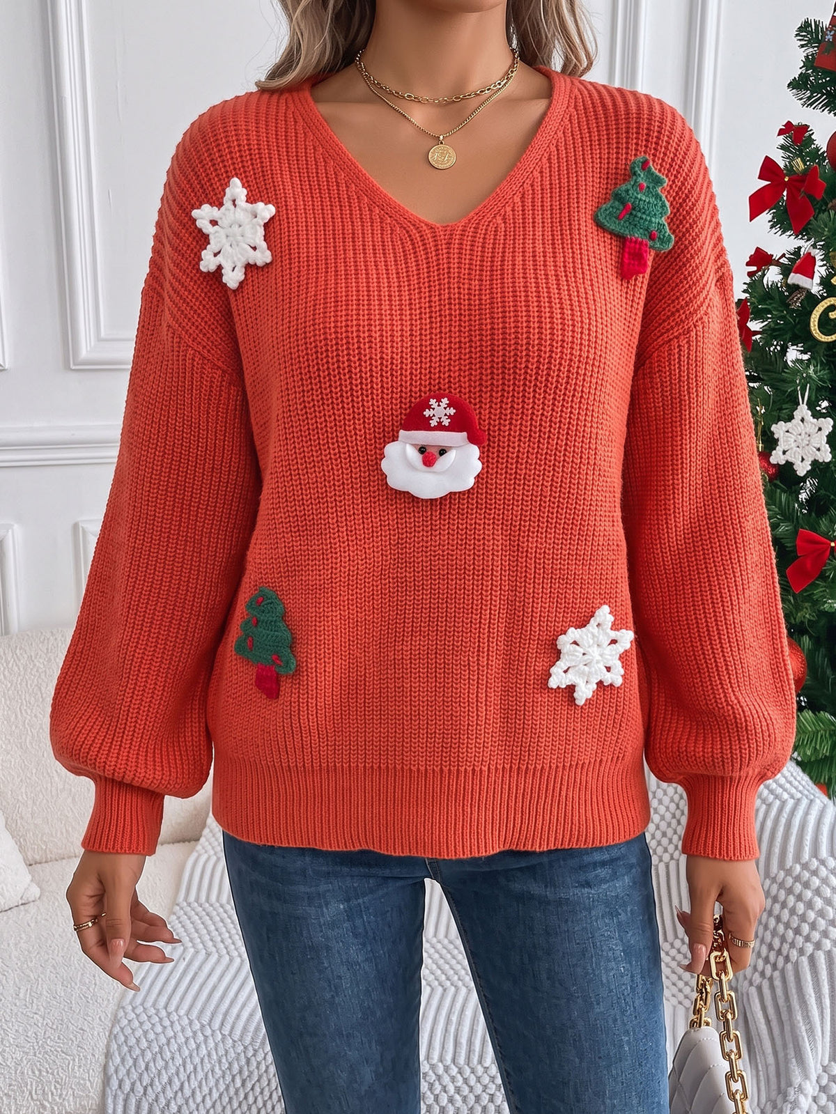 Women's V-Neck Santa Christmas Sweater