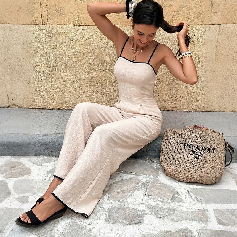 Contrast Trim Jumpsuit Spaghetti Strap Wide Leg Summer