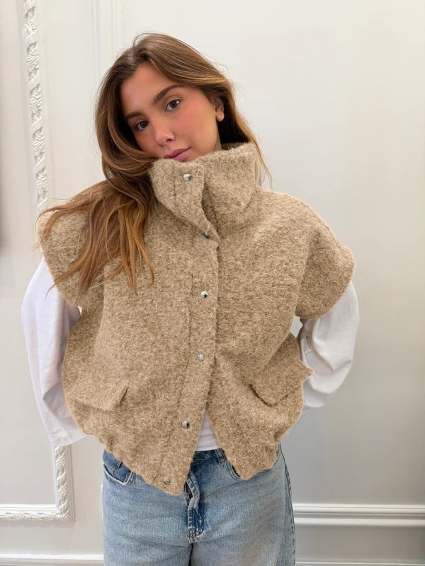 Women's Oversized Sherpa Fleece Vest Mock Neck Button Up