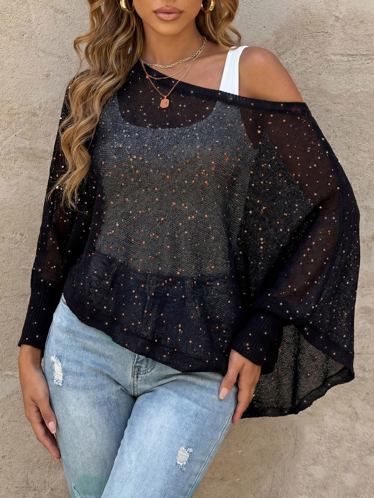 Women's Sequin Batwing Beach Cover Up Top