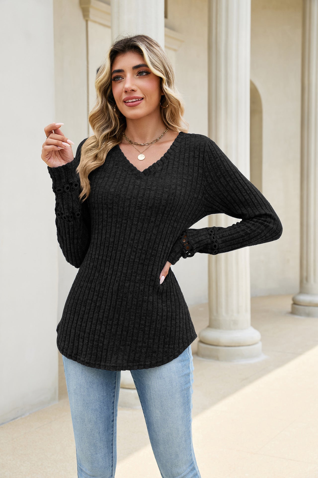 Solid Ribbed Knit Top V Neck Trendy Long Sleeve