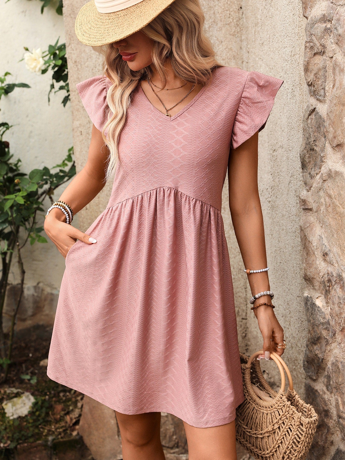 Textured V Neck Flutter Sleeve Pocket Mini Dress