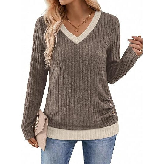 Color Block V Neck Long Sleeve Side Button Tunic Top