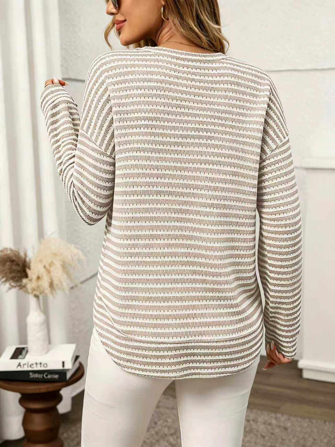 Waffle Knit Striped Long Sleeve Oversized Casual Top