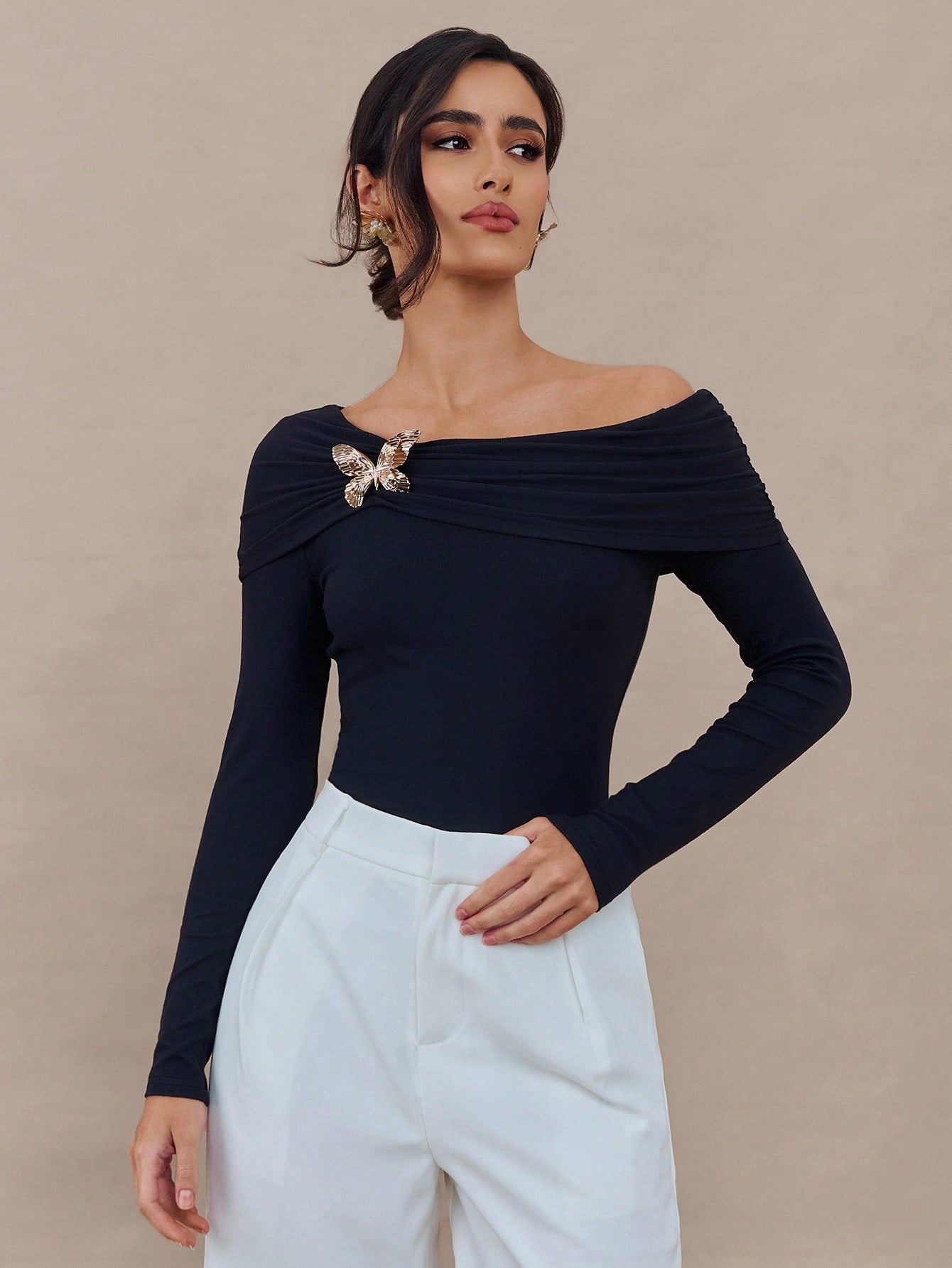 Black Off Shoulder Butterfly Brooch Long Sleeve Top