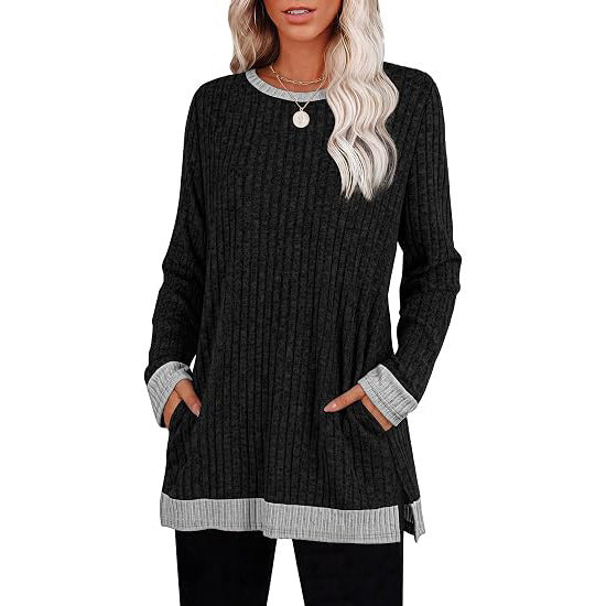 Color Block Ribbed Tunic Top Long Sleeve Pocket Side Slit