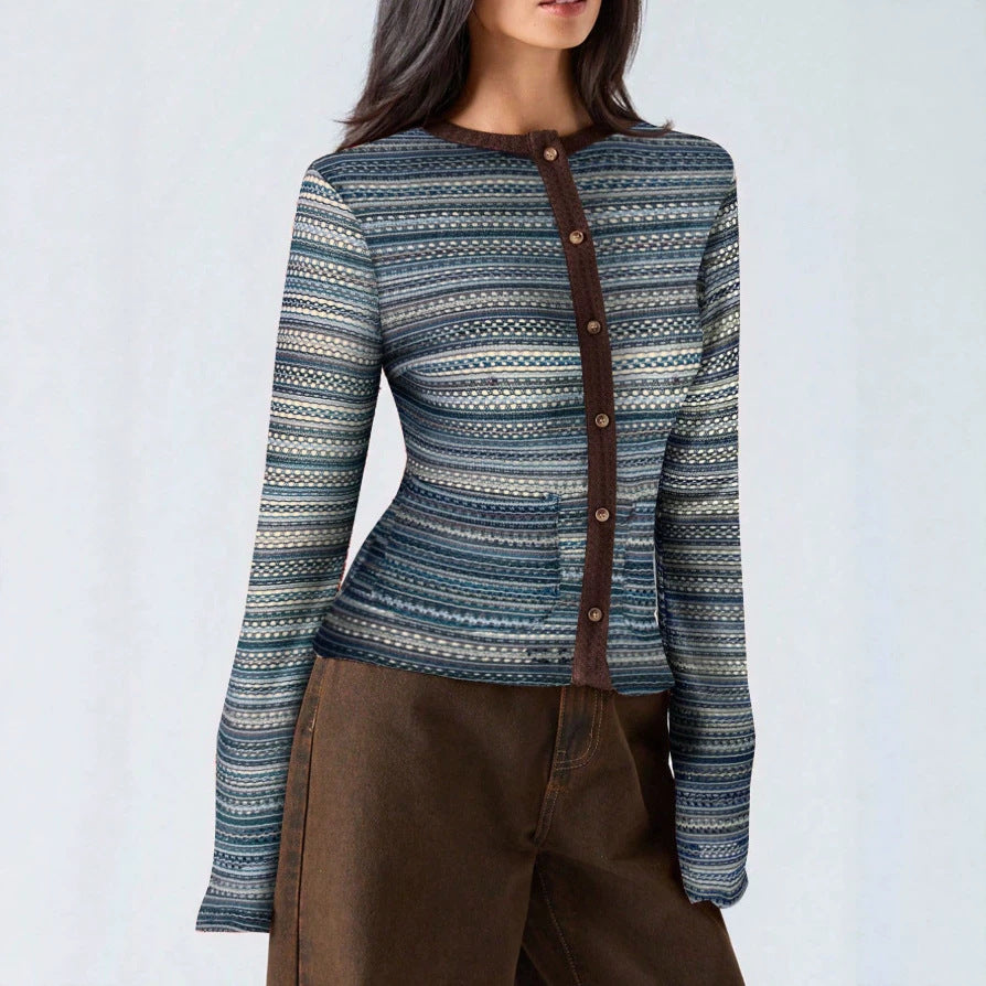 Striped Flare Sleeve Fitted Mock Neck Cardigan