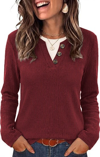Women's Color Block Ribbed Button Long Sleeve Top