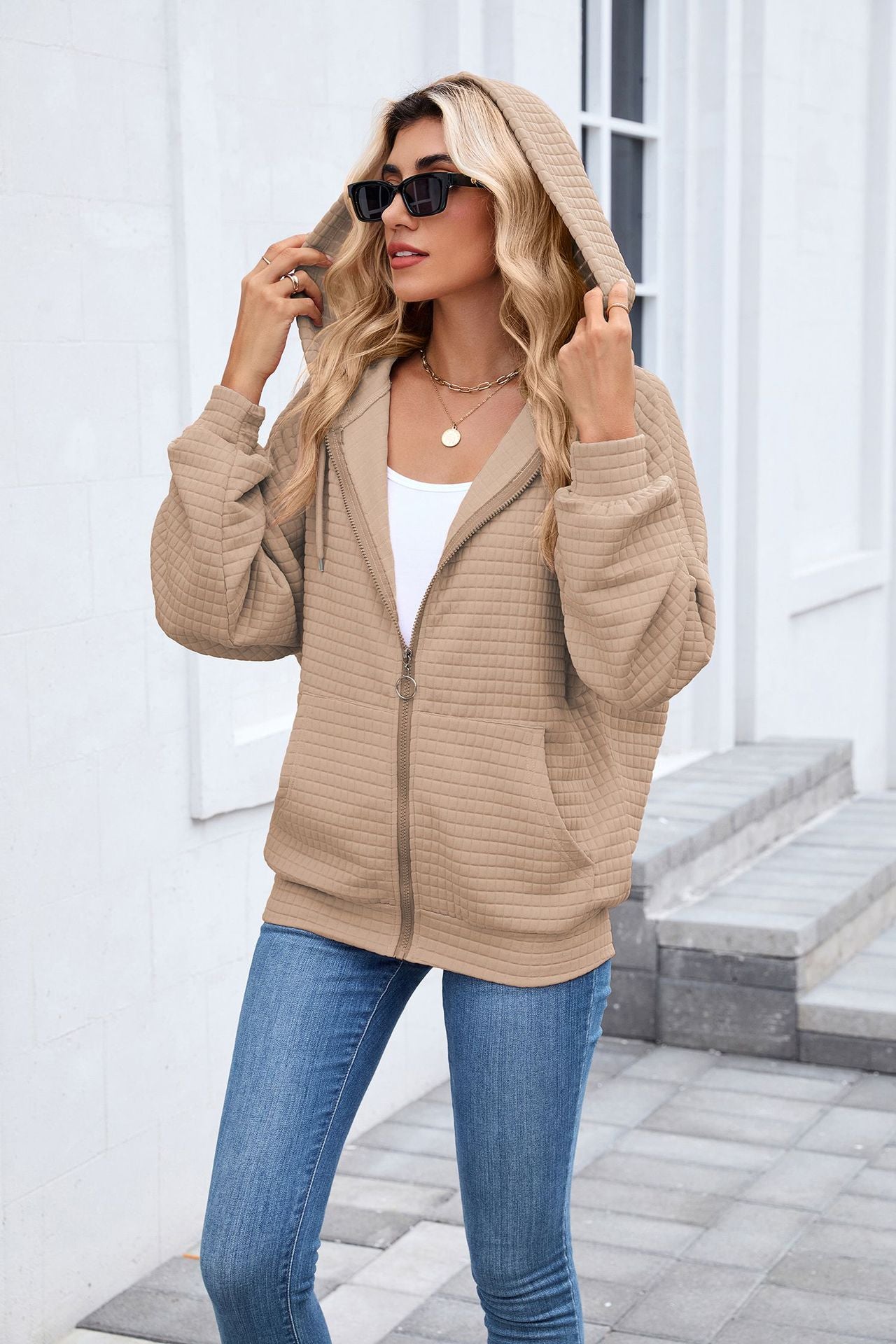 Quilted Zip-Up Hoodie Jacket | Casual Long Sleeve Sweatshirt