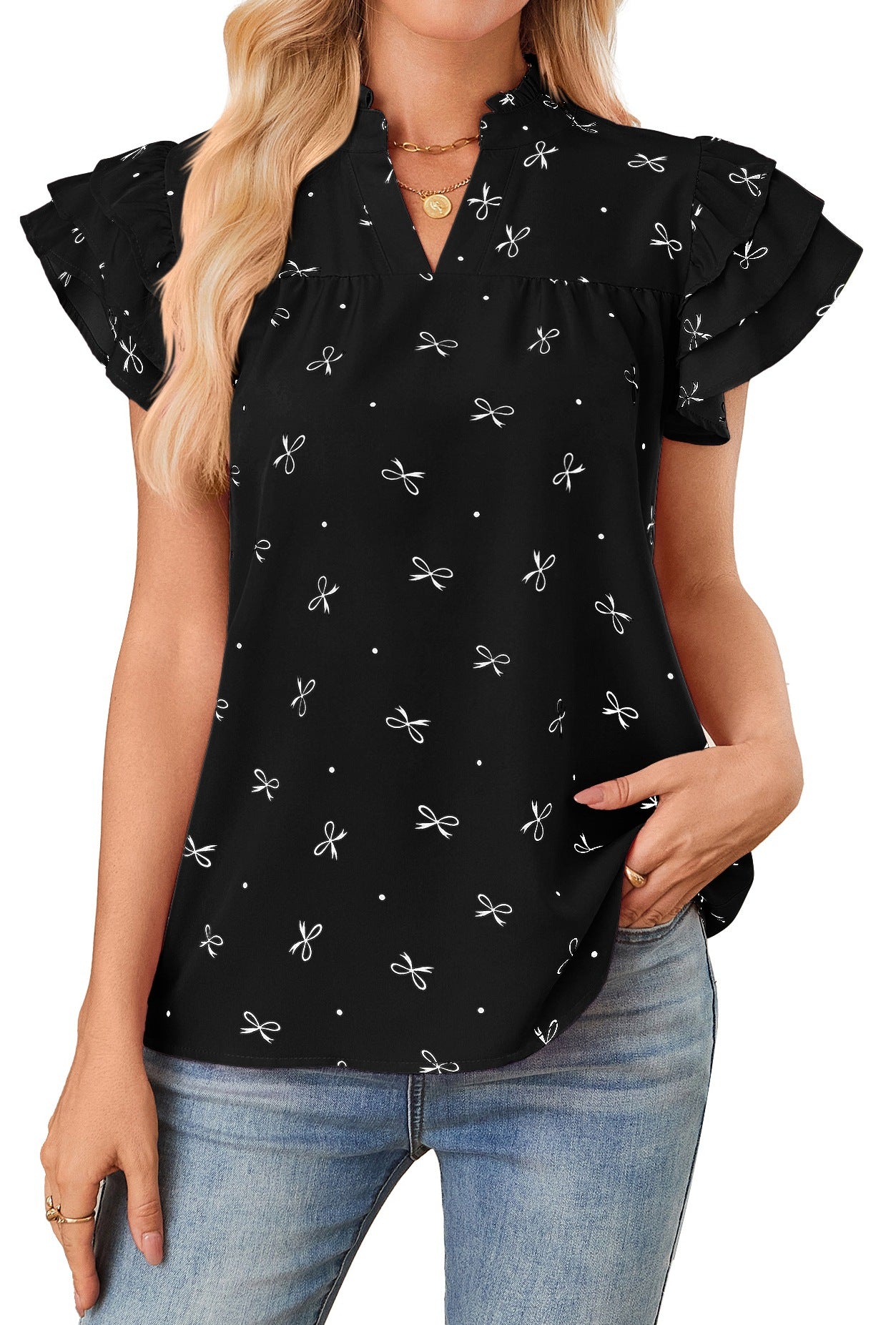 Bow Print V Neck Flutter Sleeve Chiffon Blouse Top
