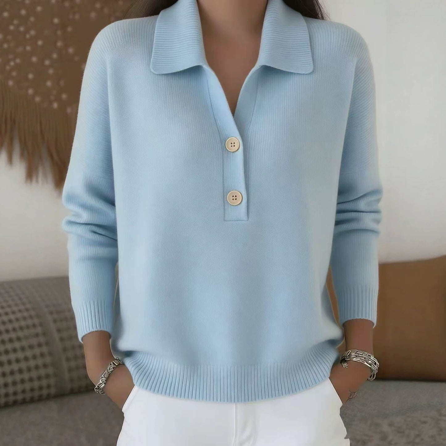 Solid Knit Polo Collar Sweater Button Front Relaxed Fit