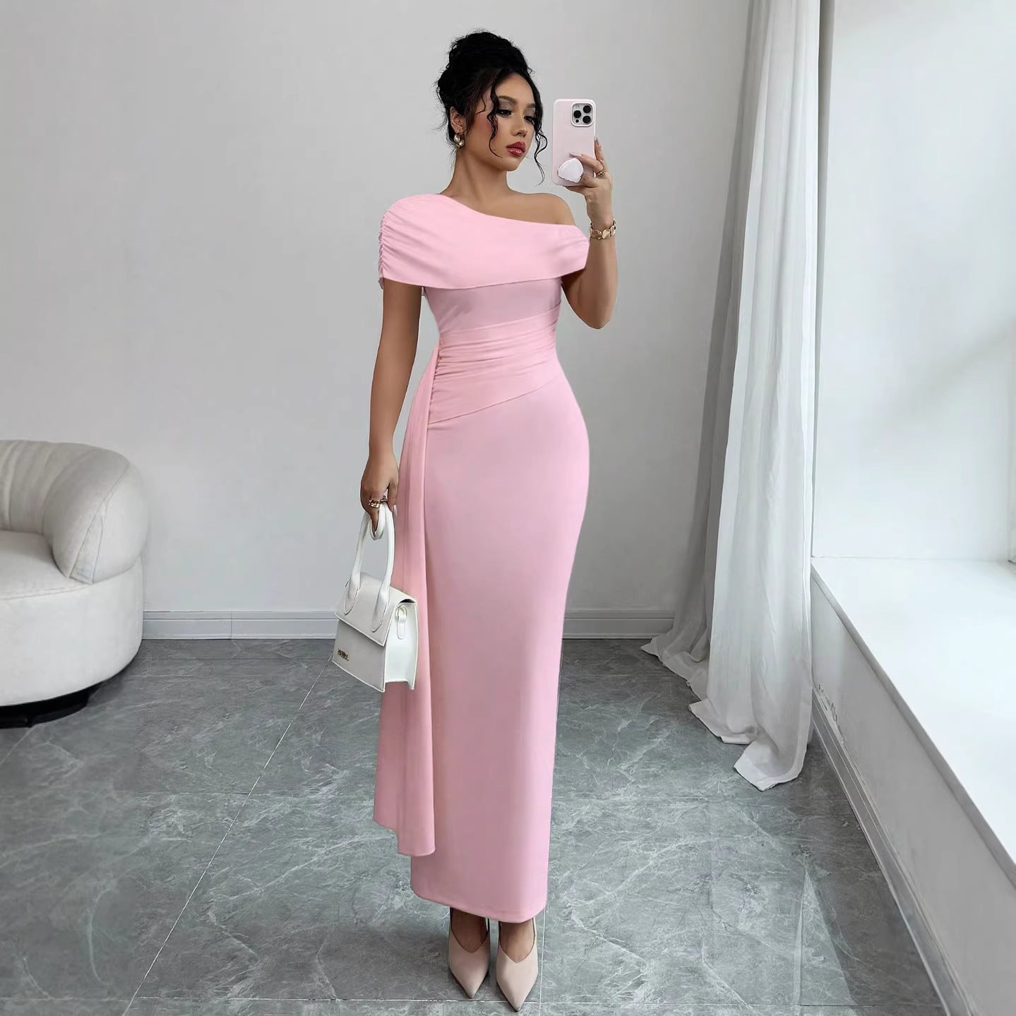 Off Shoulder Ruched Knit Maxi Dress for Women