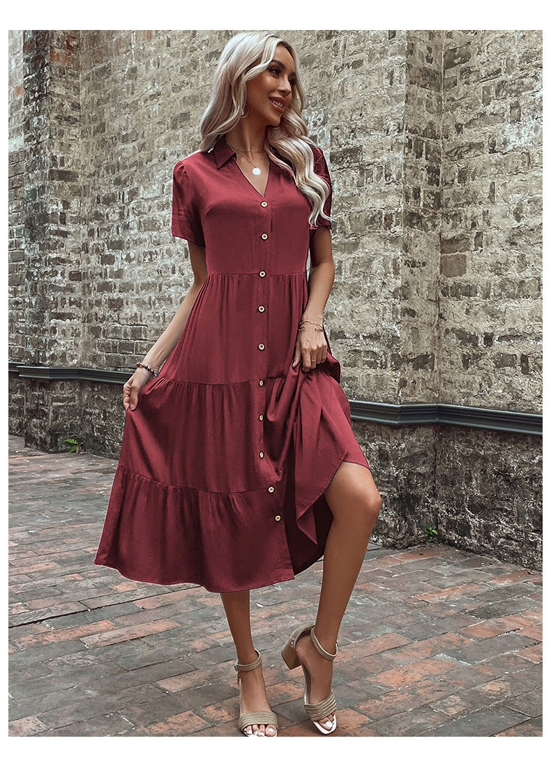 Women's  Button Front Tiered Midi Shirt Dress Casual Summer Dress