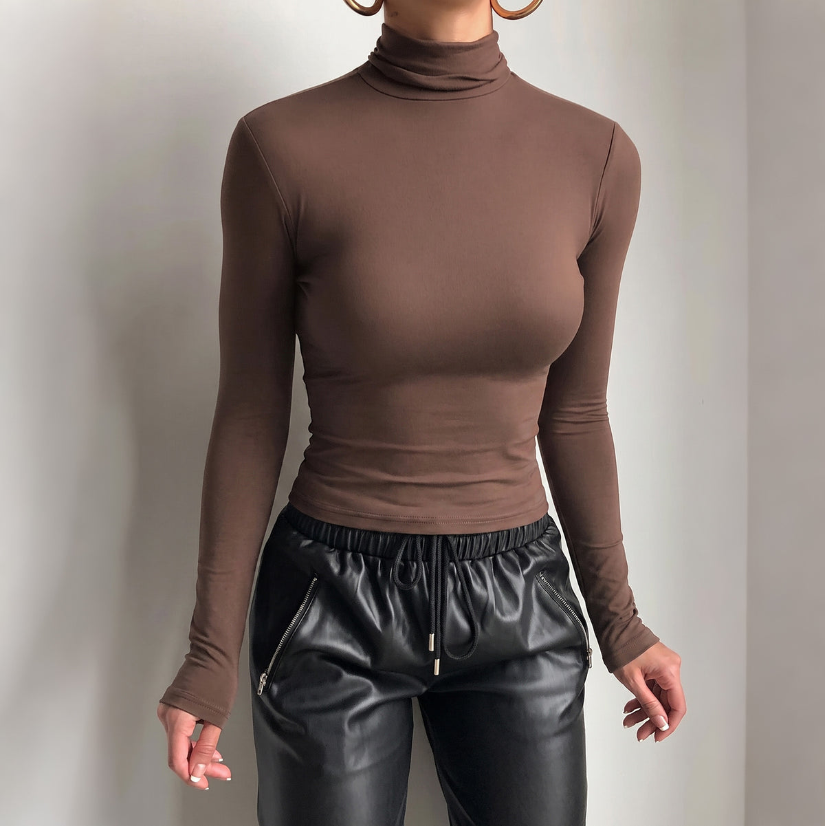 Brown Mock Neck Long Sleeve Fitted Crop Top