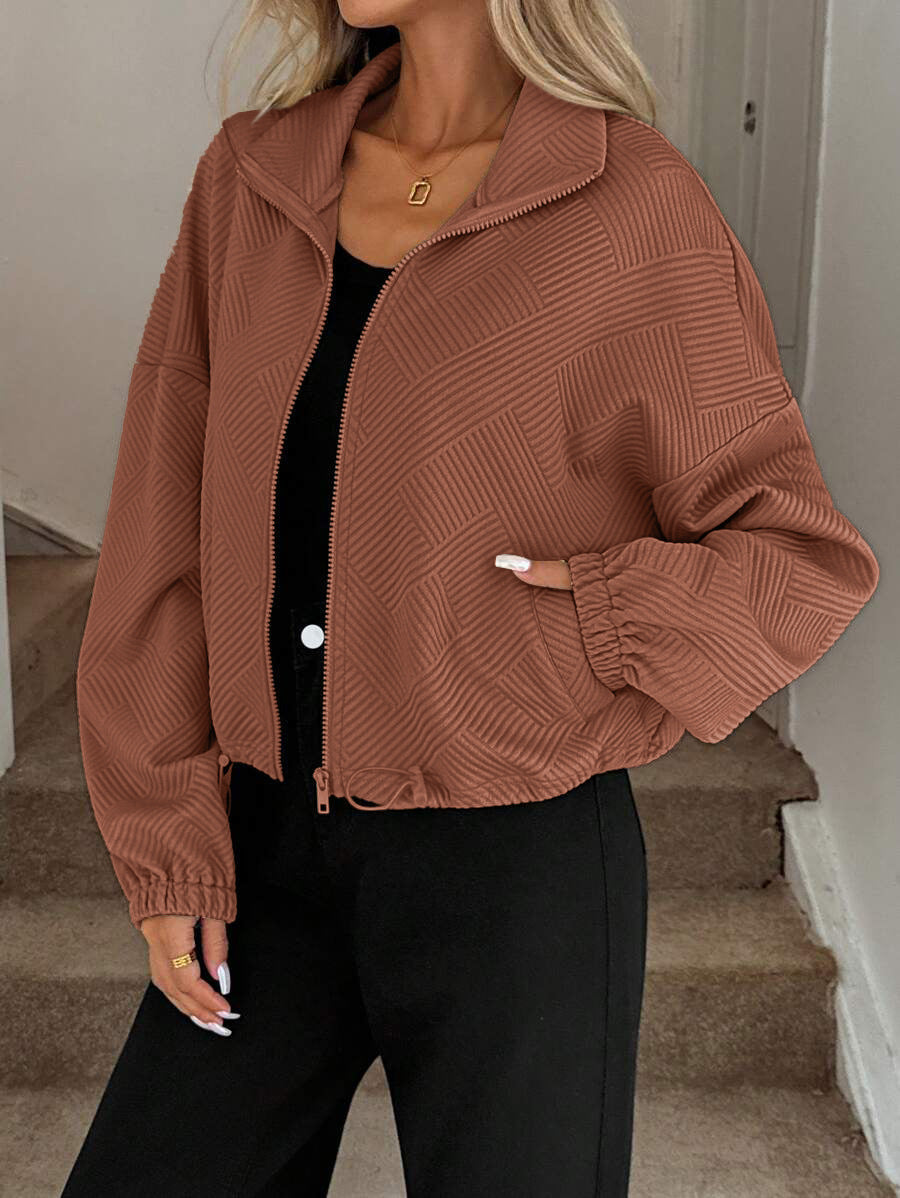 Textured Polyester Jacket Casual Bomber Oversized Zip Up