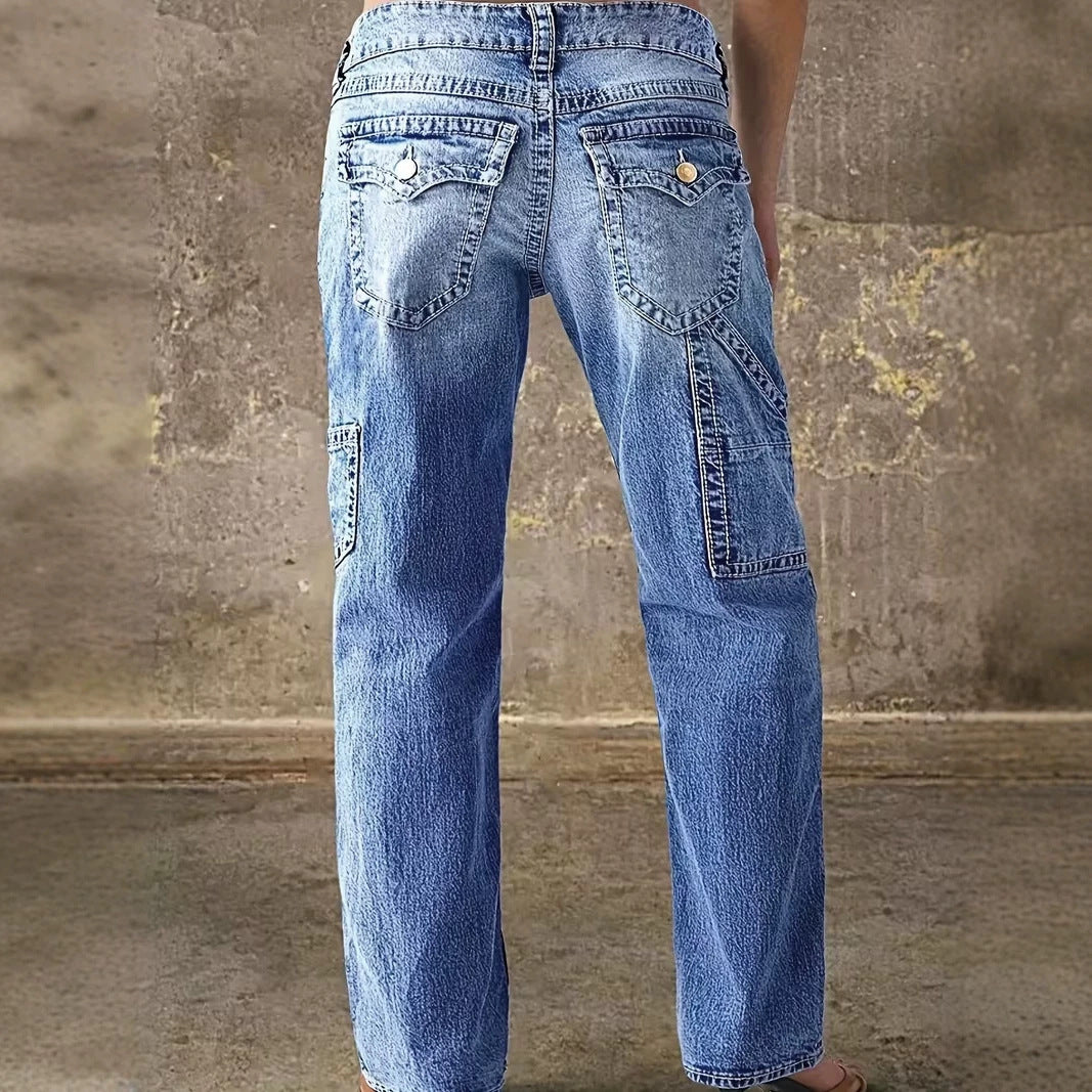 Washed Cargo Straight Leg Denim Jeans