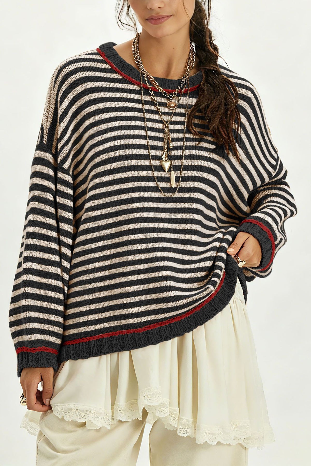 Oversized Color Block Striped Sweater Balloon Sleeve