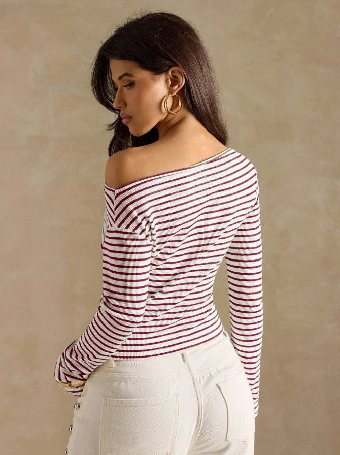 Striped Off Shoulder Long Sleeve Knit Top