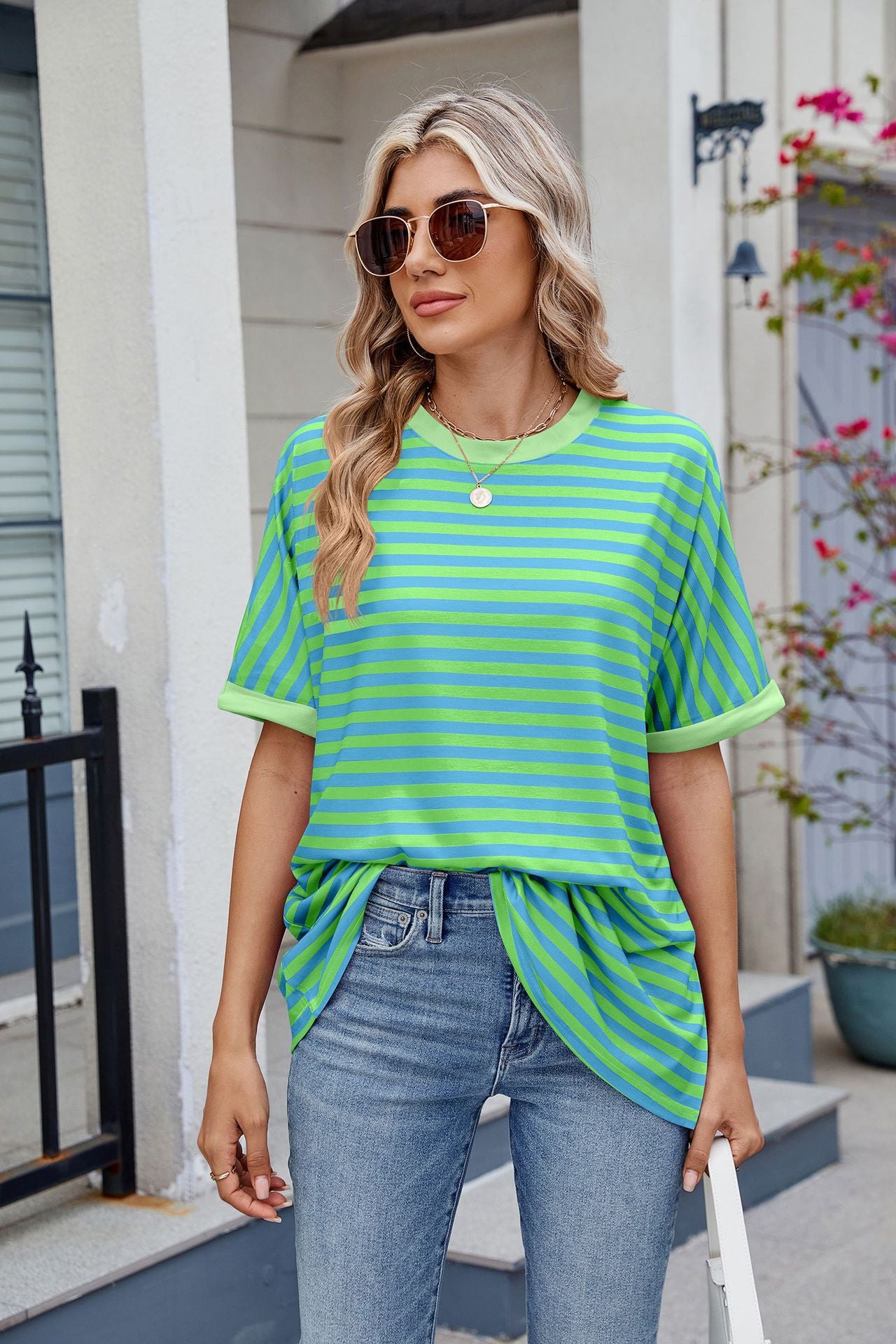 Striped Collision Round Neck Short-sleeved