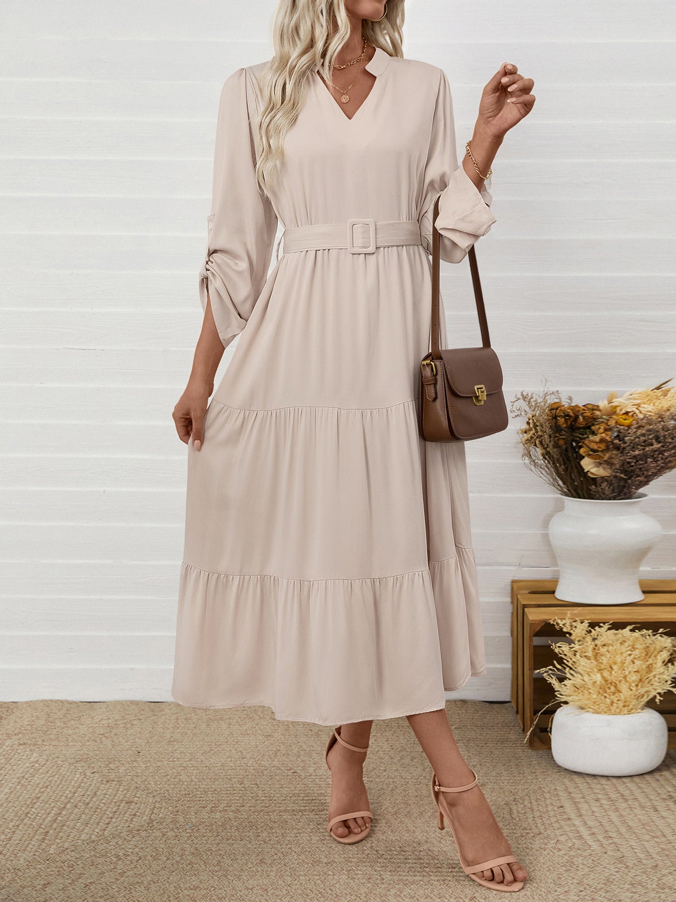 Elegant Long Sleeve V-Neck Belted Midi Dress