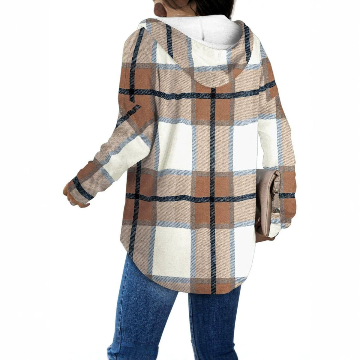 Women's Plaid V-Neck Fleece Hoodie Pullover