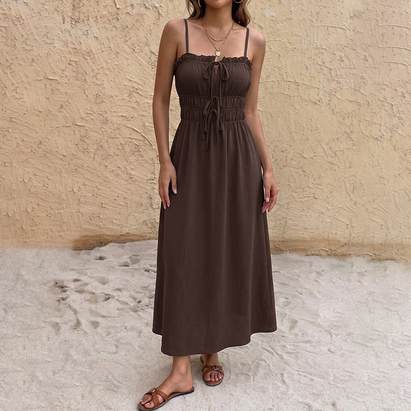 Brown Smocked Waist Maxi Dress Spaghetti Strap Summer