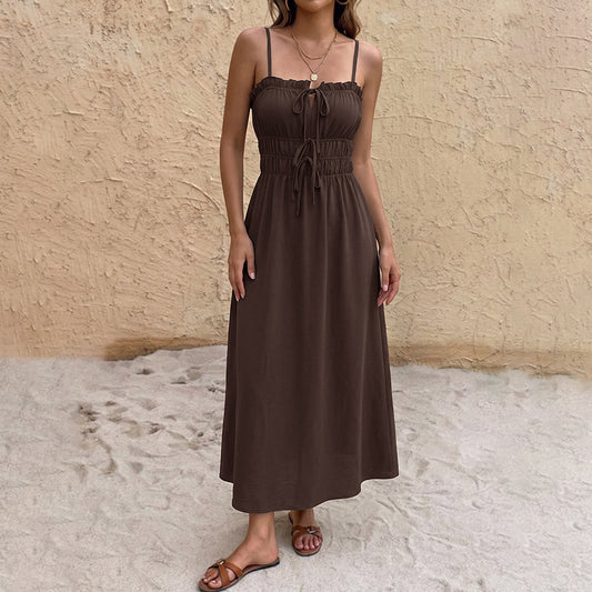 Brown Smocked Waist Maxi Dress Spaghetti Strap Summer