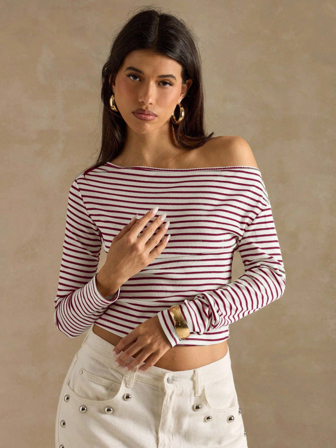 Striped Off Shoulder Long Sleeve Knit Top
