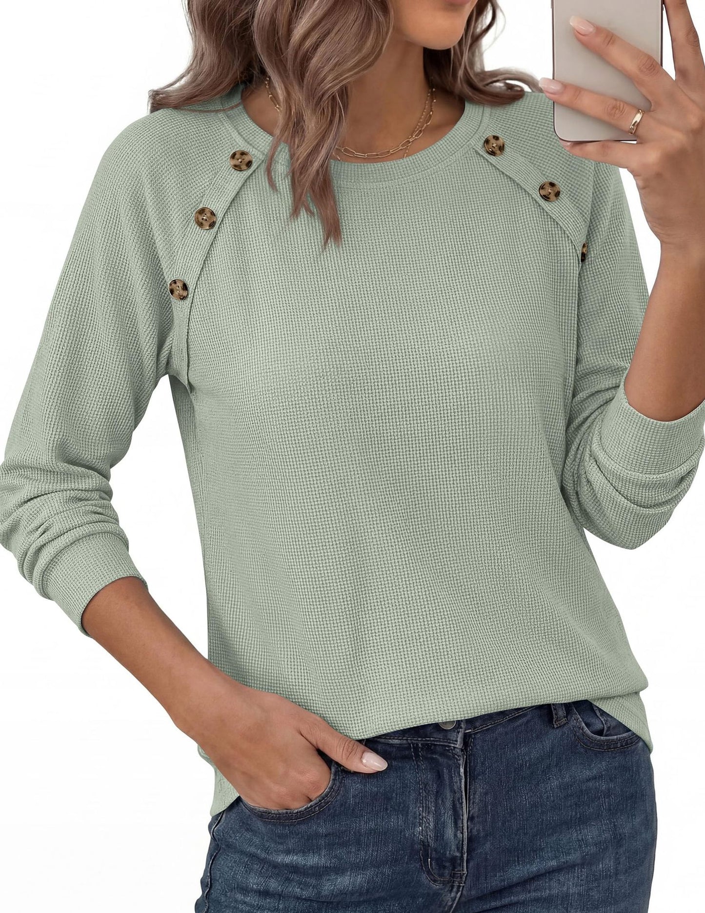 Waffle Knit Button Detail Top Long Sleeve Casual Pullover