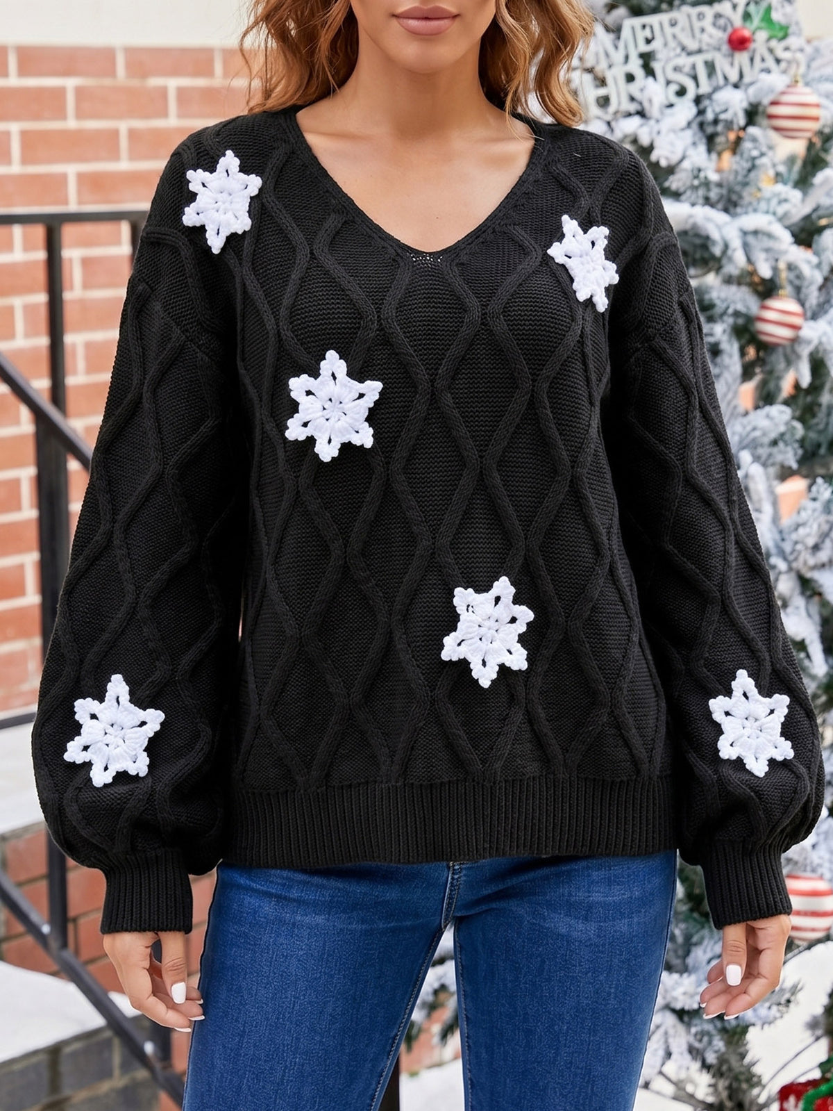 Women's V Neck Cable Knit Snowflake Christmas Sweater