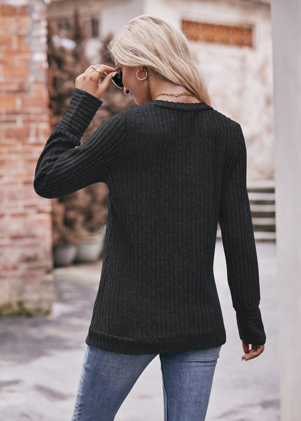 Ribbed V Neck Long Sleeve Knit Top for Women