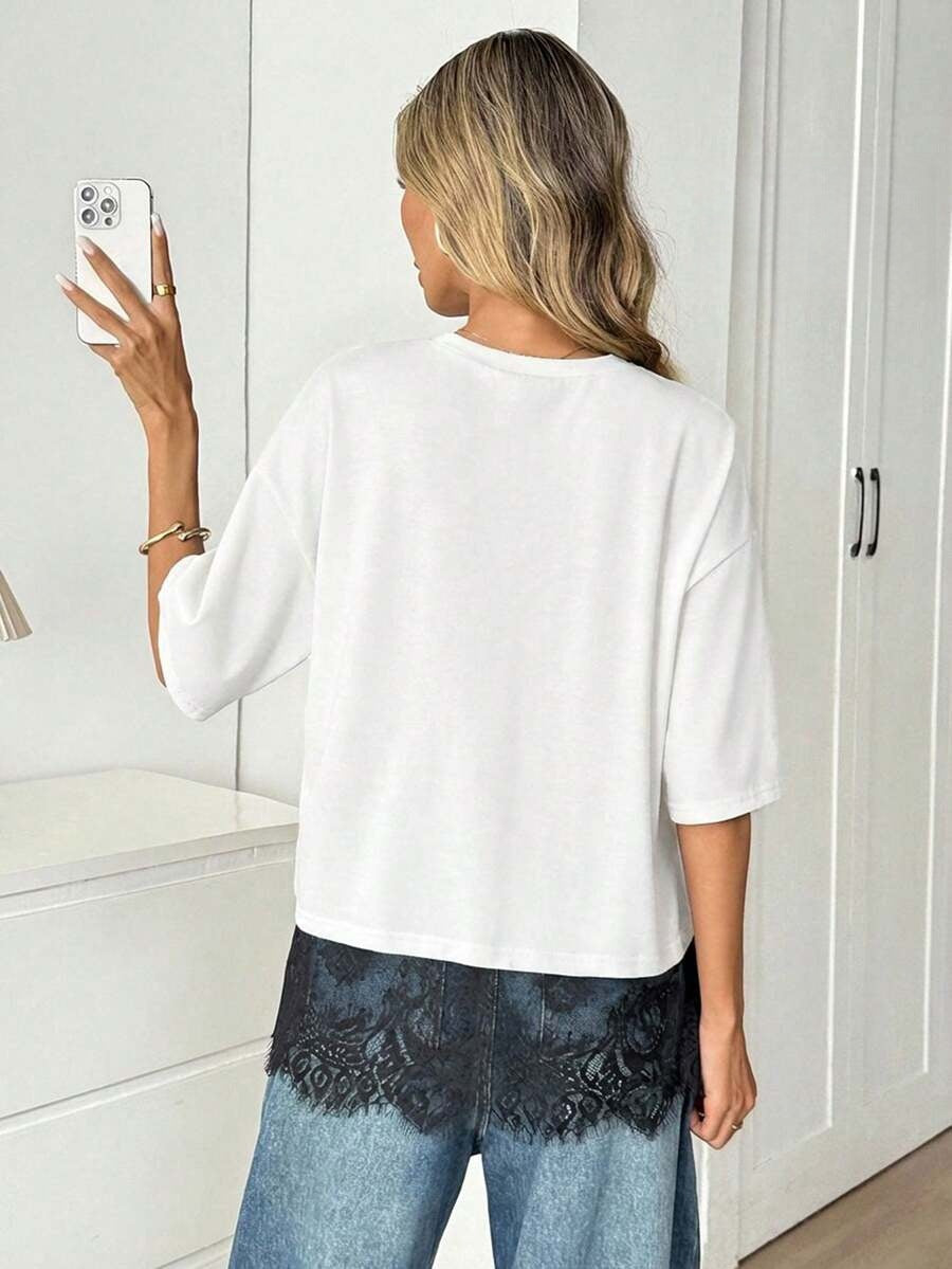 Solid  Lace Trim Loose Fit Short Sleeve Top