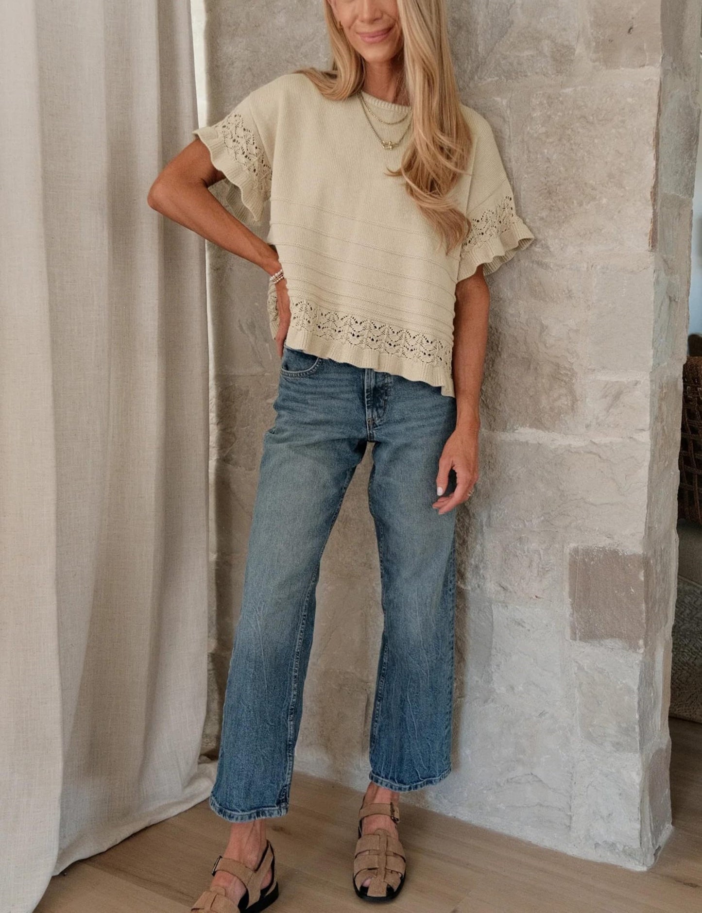 Solid Knit Top Casual Eyelet Ruffle Sleeve