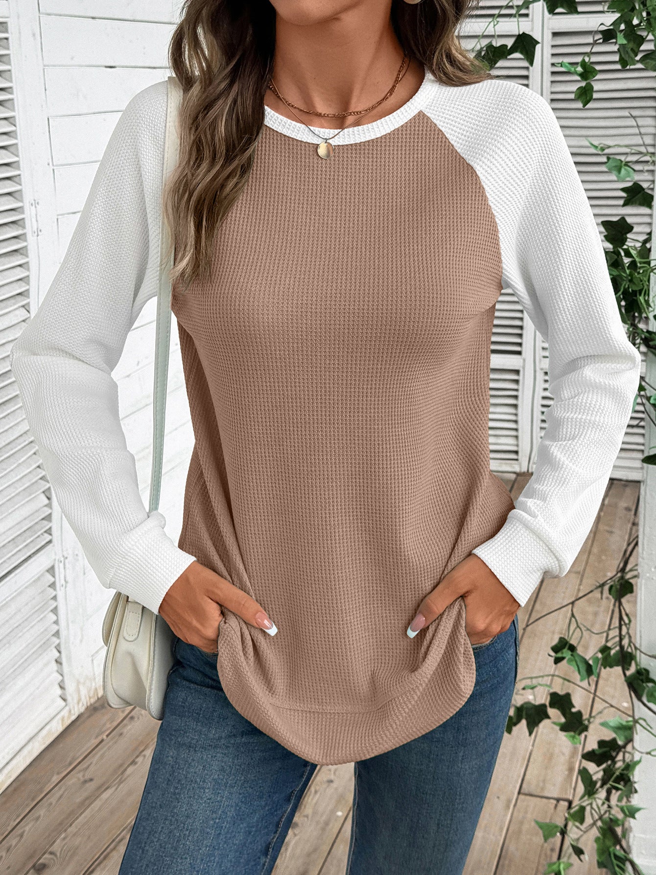 Colorblock Cotton Top Casual Waffle Raglan Sleeve