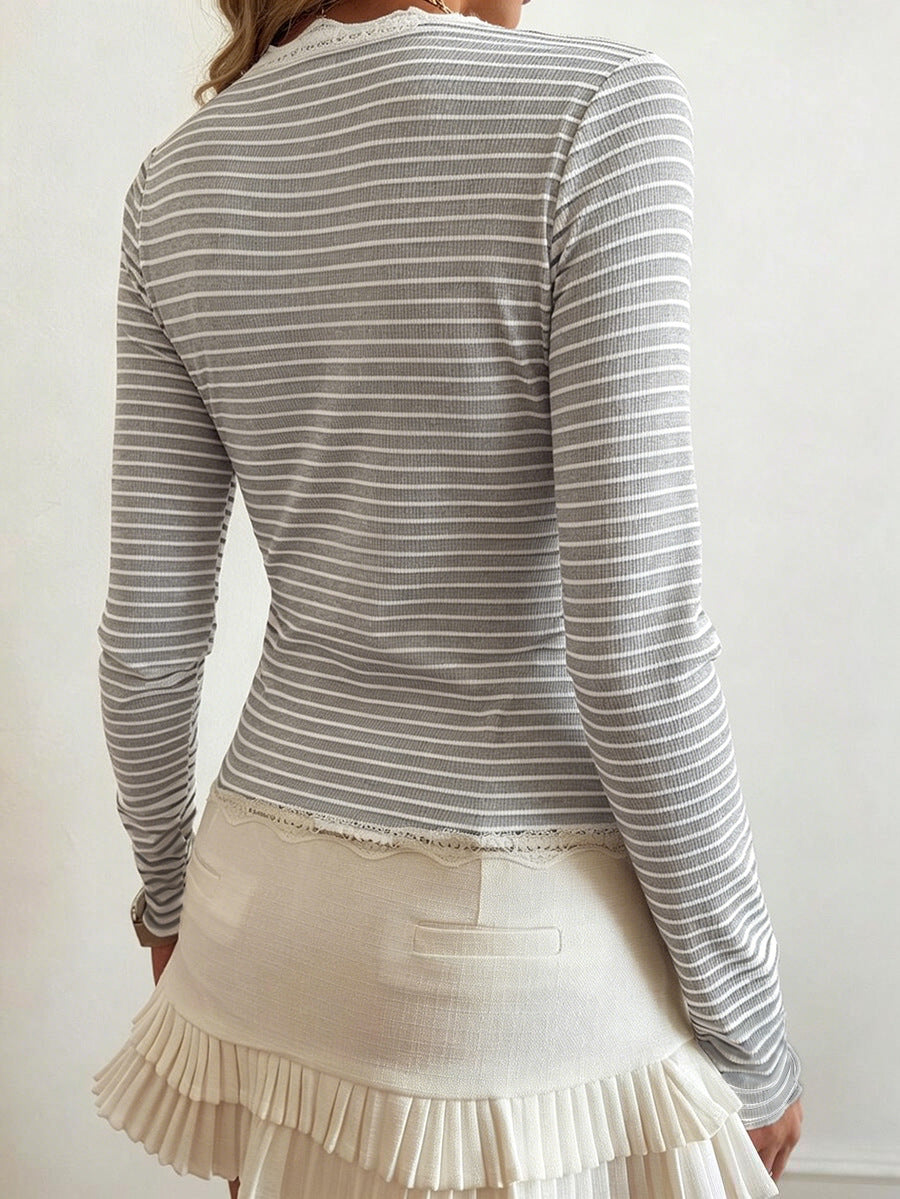 Striped Cotton Cardigan Sweet Lace Fitted Button Front