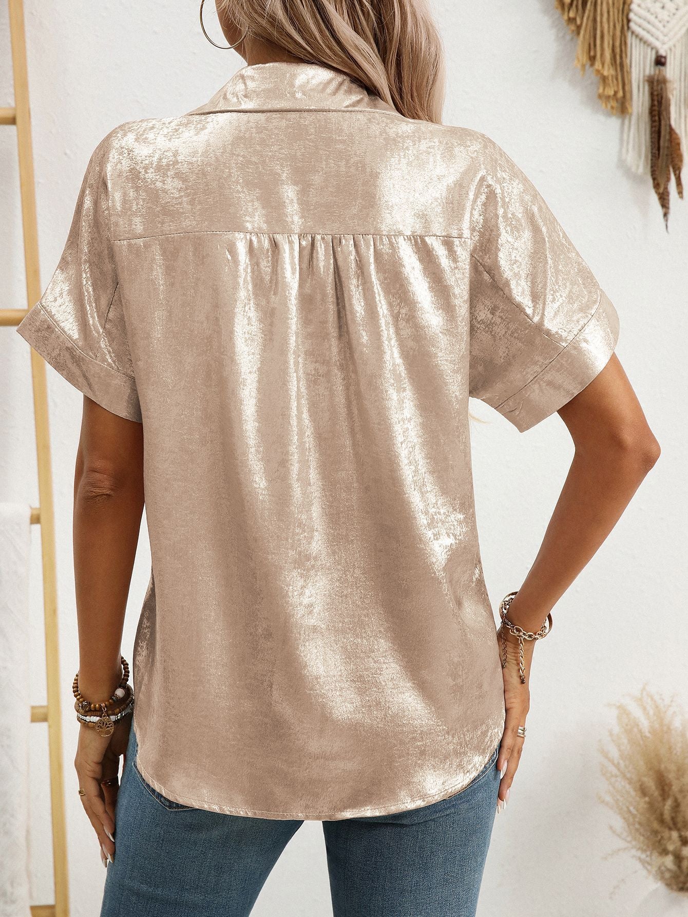 Shiny Metallic Buttoned Shirt with Relaxed Fit for Summer