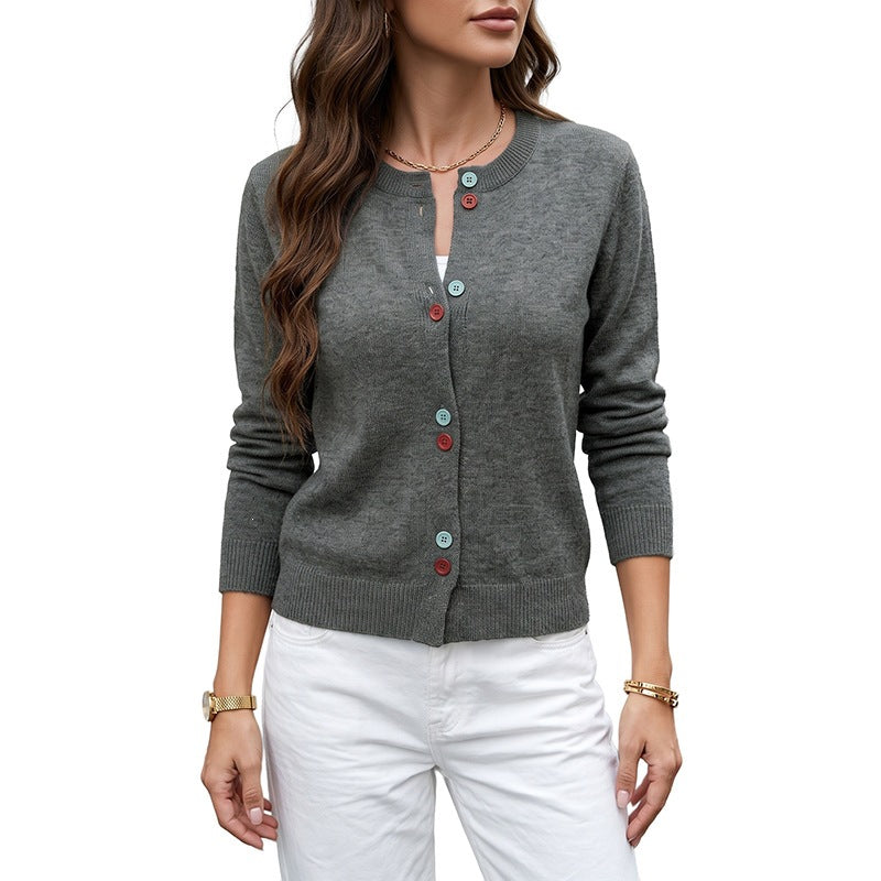 Color Button Knit Cardigan Crew Neck Long Sleeve Sweater