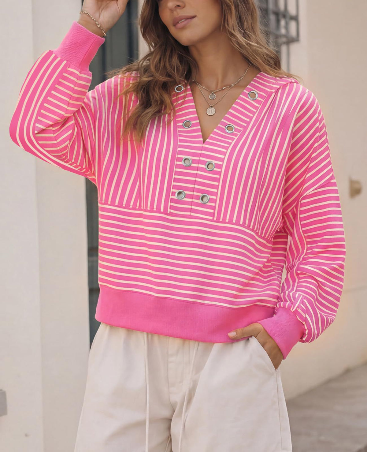 Women's Oversized Striped Cropped Hoodie V Neck Long Sleeve
