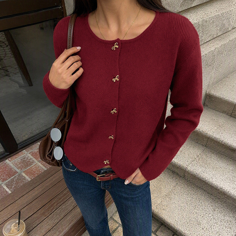 Women's Oversized Crew Neck Gold Button Cardigan Sweater