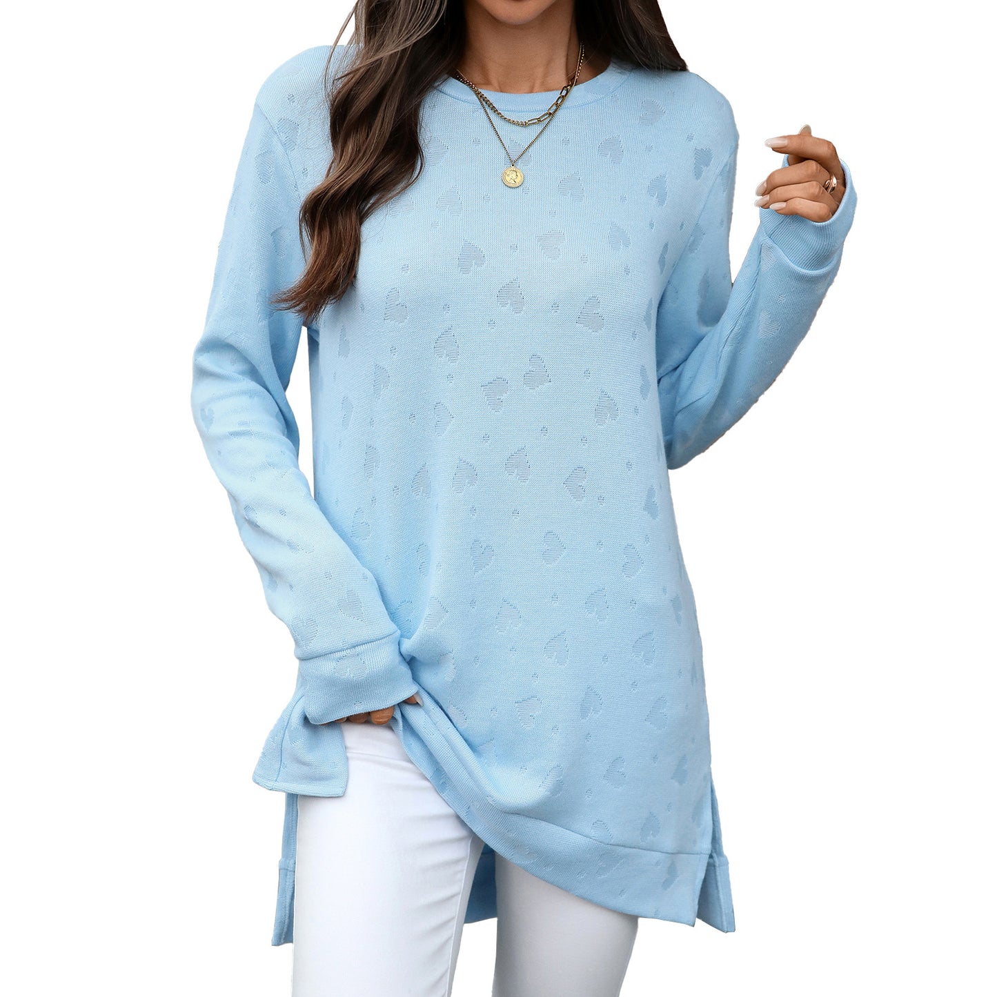 Oversized Crew Neck Long Sleeve Side Slit Knit Tunic Top