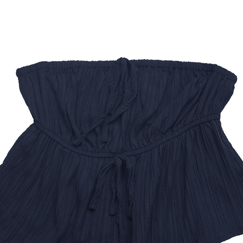 Strapless Smocked Ruffle Top Wide Leg Pants Set